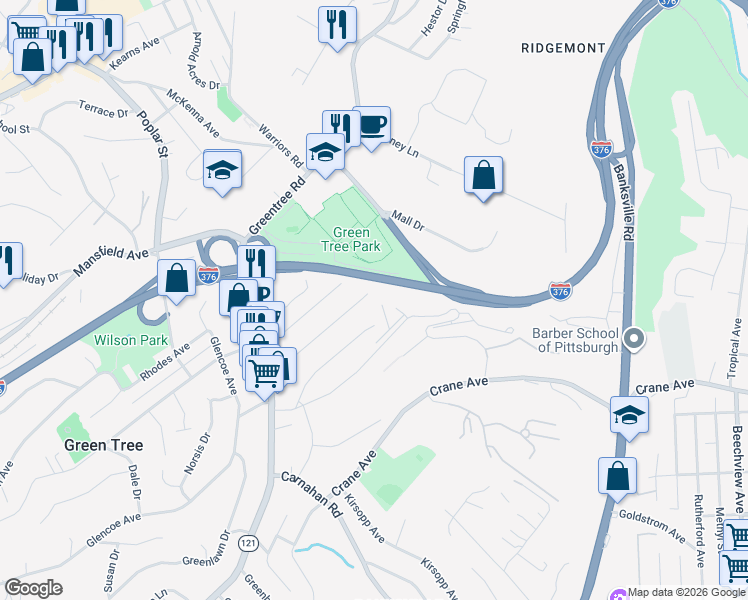 map of restaurants, bars, coffee shops, grocery stores, and more near 157 Oakville Drive in Pittsburgh