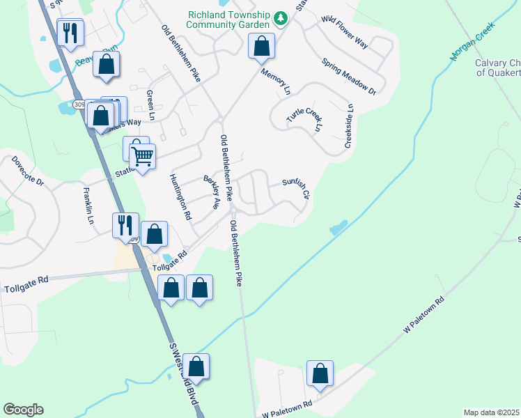 map of restaurants, bars, coffee shops, grocery stores, and more near 2237 Blue Gill Drive in Quakertown