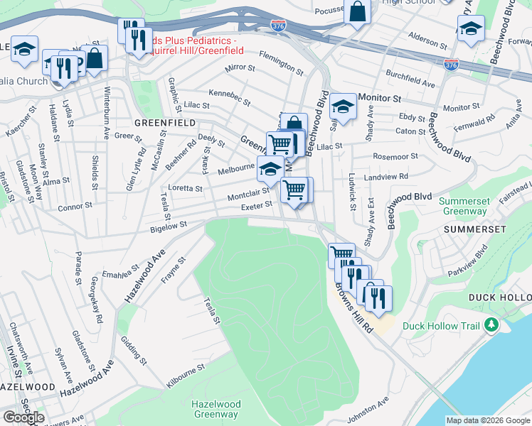 map of restaurants, bars, coffee shops, grocery stores, and more near 14 Exeter Street in Pittsburgh