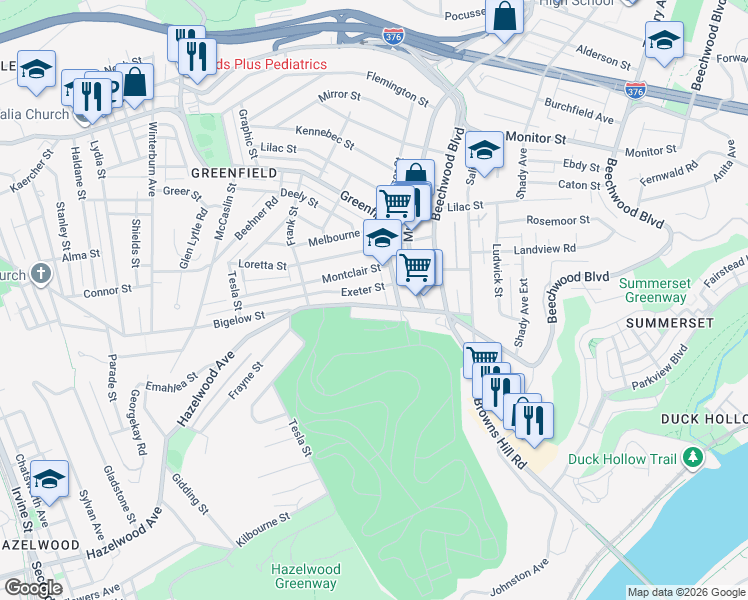 map of restaurants, bars, coffee shops, grocery stores, and more near 14 Exeter Street in Pittsburgh