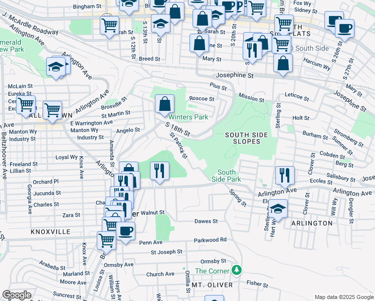 map of restaurants, bars, coffee shops, grocery stores, and more near 1715 Marcus Way in Pittsburgh