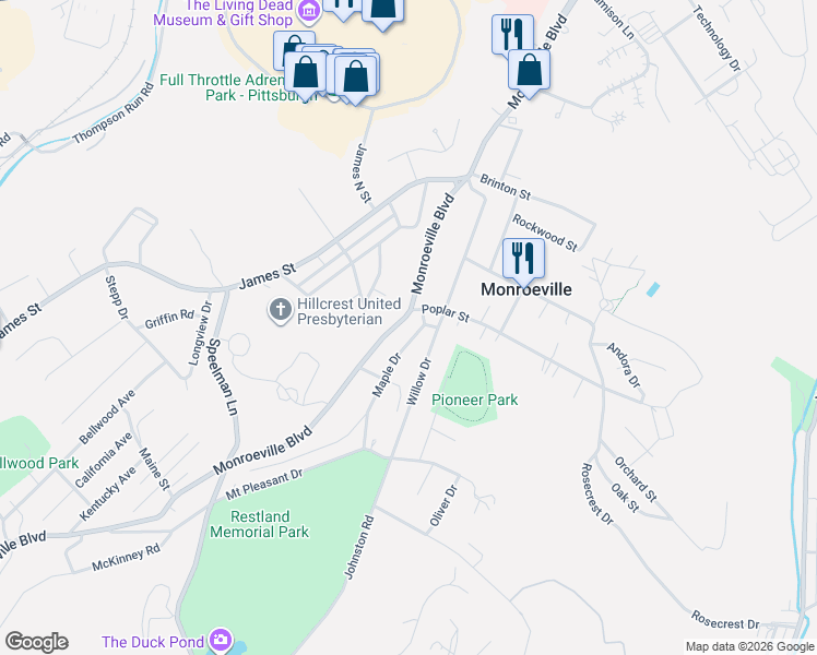 map of restaurants, bars, coffee shops, grocery stores, and more near 102 Poplar Street in Monroeville