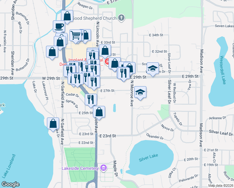 map of restaurants, bars, coffee shops, grocery stores, and more near 503 East 27th Street in Loveland