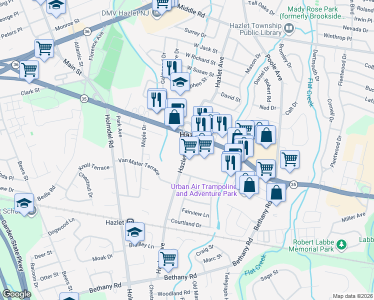 map of restaurants, bars, coffee shops, grocery stores, and more near 76 Hazlet Avenue in Hazlet