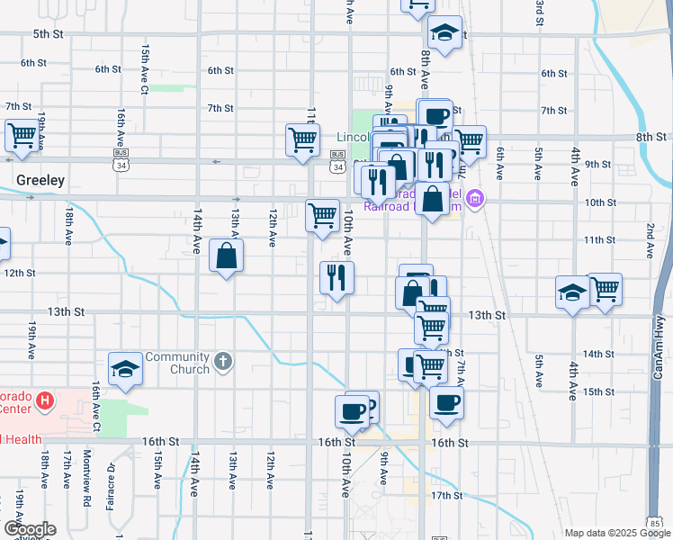 map of restaurants, bars, coffee shops, grocery stores, and more near 1122 11th Avenue in Greeley