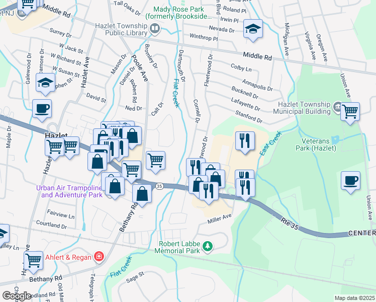 map of restaurants, bars, coffee shops, grocery stores, and more near 59 Cornell Drive in Hazlet
