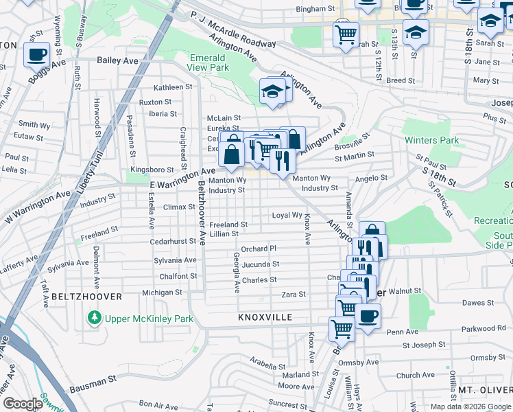map of restaurants, bars, coffee shops, grocery stores, and more near 209 Allen Street in Pittsburgh