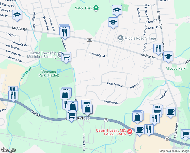 map of restaurants, bars, coffee shops, grocery stores, and more near 12 Crown Plaza in Hazlet