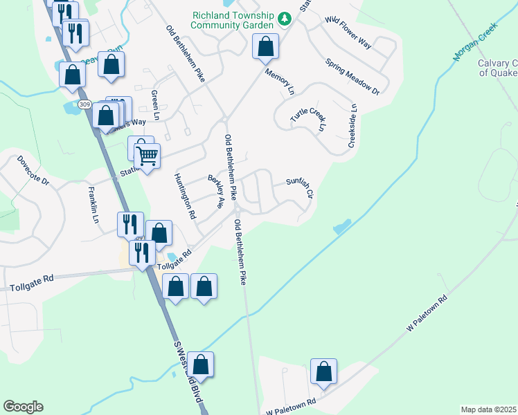 map of restaurants, bars, coffee shops, grocery stores, and more near 2237 Blue Gill Drive in Quakertown