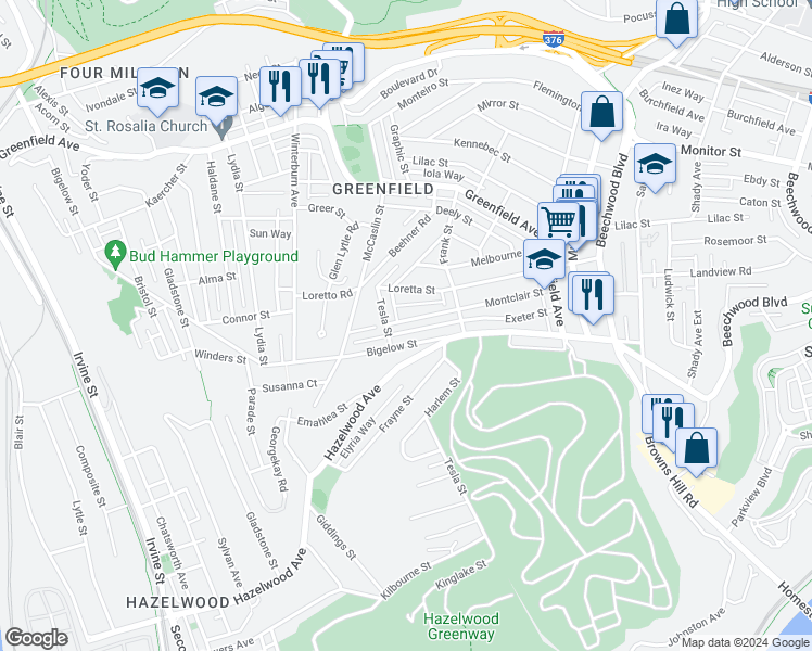 map of restaurants, bars, coffee shops, grocery stores, and more near 616 Montclair Street in Pittsburgh