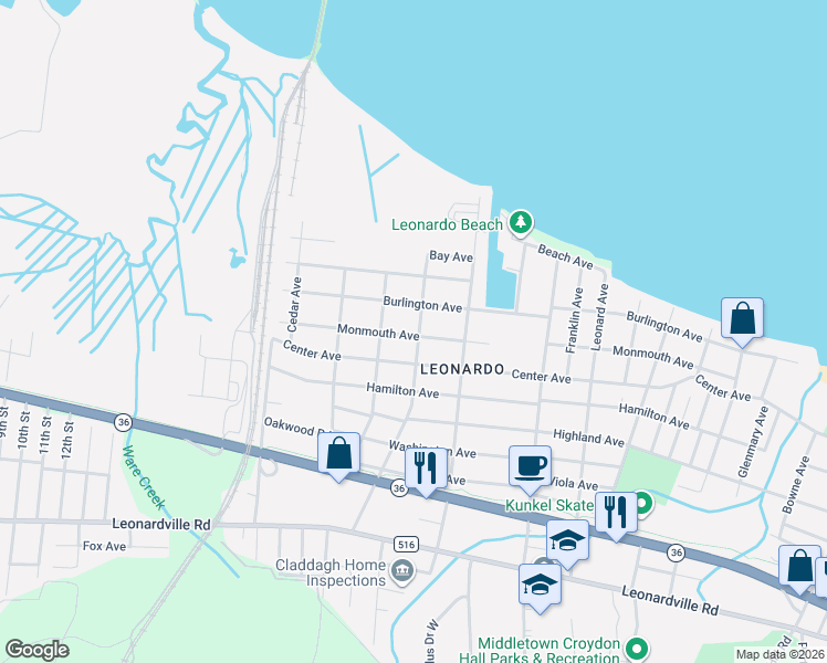 map of restaurants, bars, coffee shops, grocery stores, and more near 395 Monmouth Avenue in Middletown Township