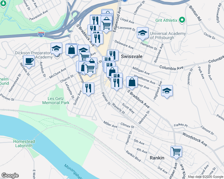 map of restaurants, bars, coffee shops, grocery stores, and more near 2038 Noble Street in Swissvale