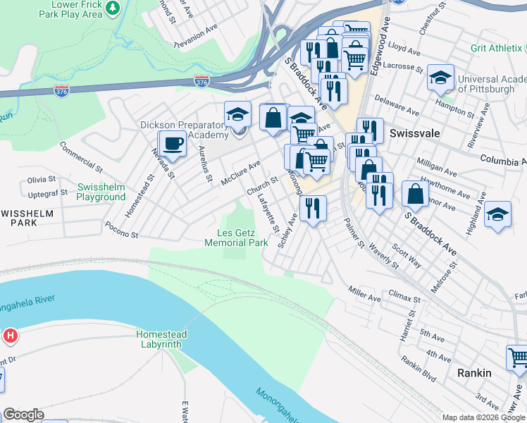map of restaurants, bars, coffee shops, grocery stores, and more near 1926 Monroe Street in Pittsburgh