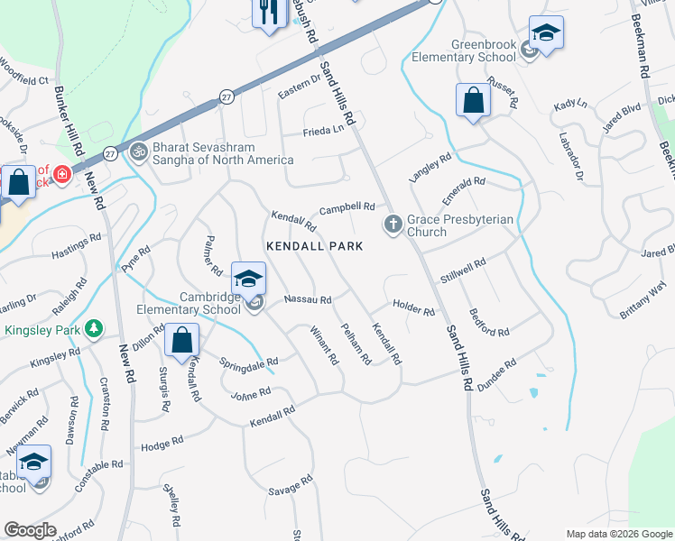 map of restaurants, bars, coffee shops, grocery stores, and more near 183 Kendall Road in South Brunswick Township