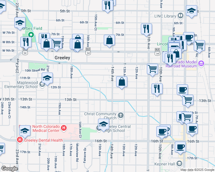 map of restaurants, bars, coffee shops, grocery stores, and more near 1415 12th Street in Greeley