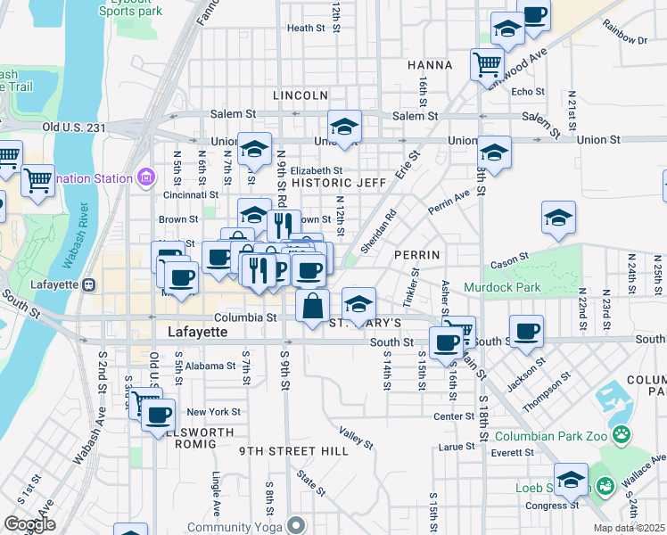 map of restaurants, bars, coffee shops, grocery stores, and more near 1114 Ferry Street in Lafayette