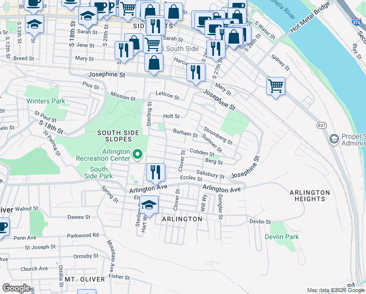 map of restaurants, bars, coffee shops, grocery stores, and more near 2514 Wellington Street in Pittsburgh