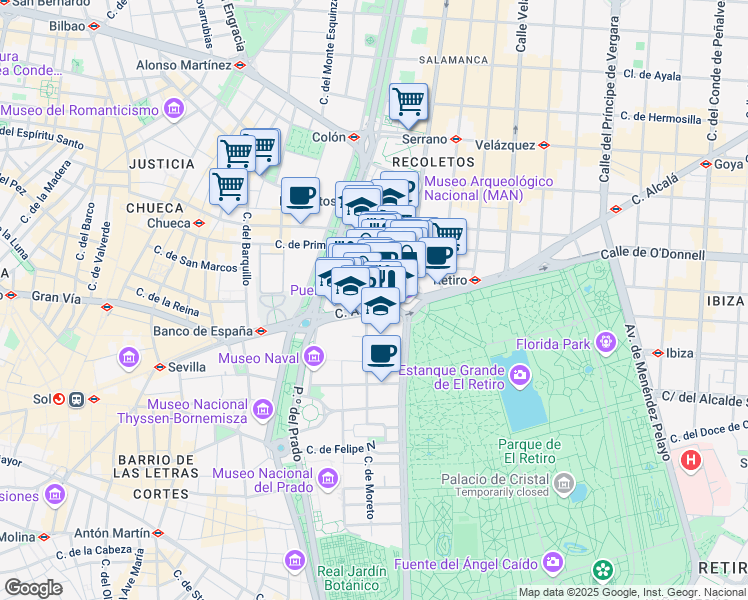 map of restaurants, bars, coffee shops, grocery stores, and more near 65 Calle de Alcalá in Madrid