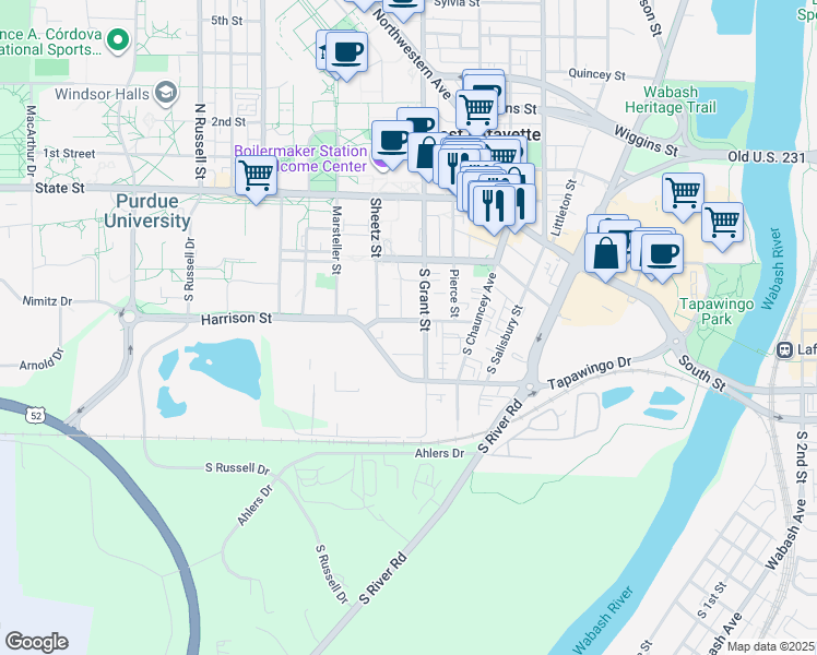 map of restaurants, bars, coffee shops, grocery stores, and more near 411 Harrison Street in West Lafayette