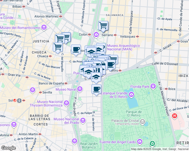 map of restaurants, bars, coffee shops, grocery stores, and more near 65 Calle de Alcalá in Madrid