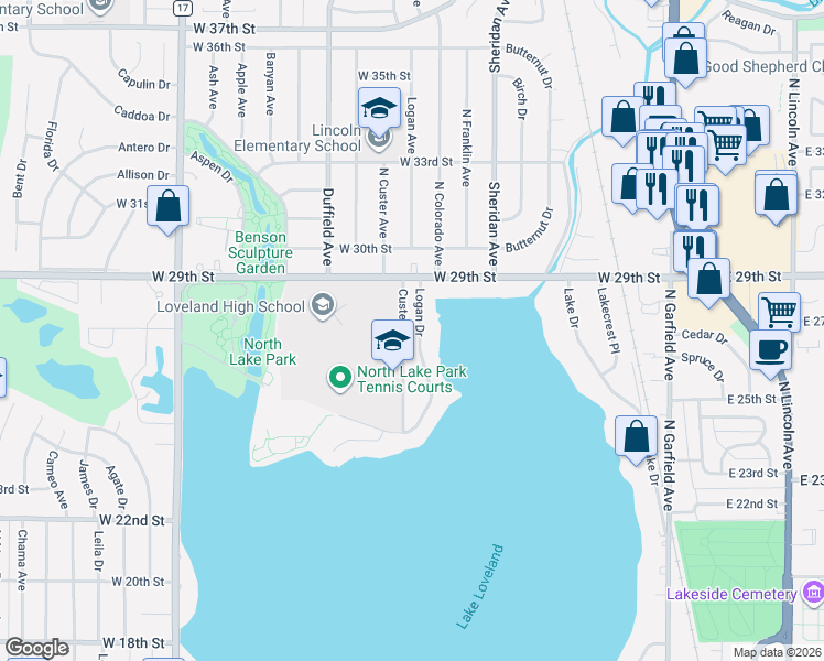 map of restaurants, bars, coffee shops, grocery stores, and more near 2719 Logan Drive in Loveland