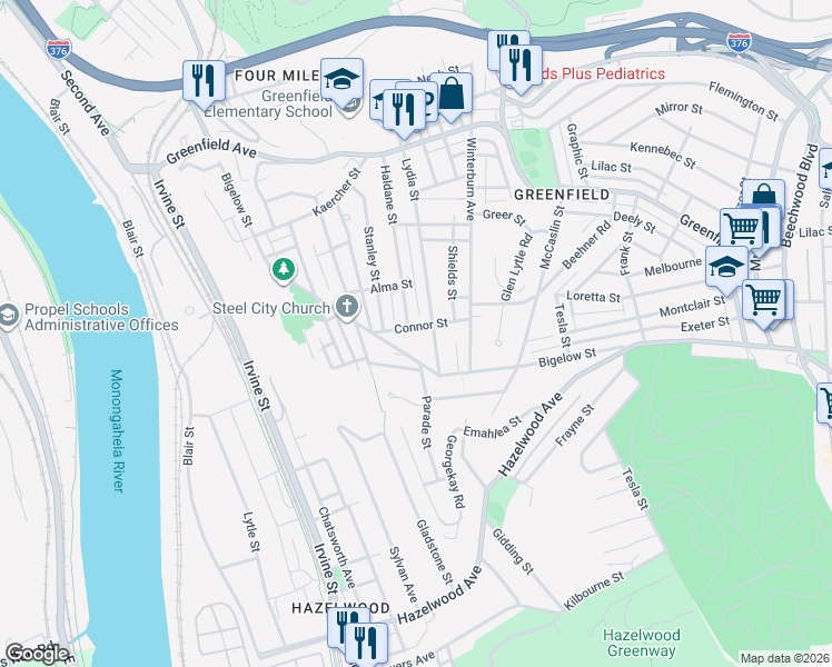 map of restaurants, bars, coffee shops, grocery stores, and more near 4334 Haldane Street in Pittsburgh
