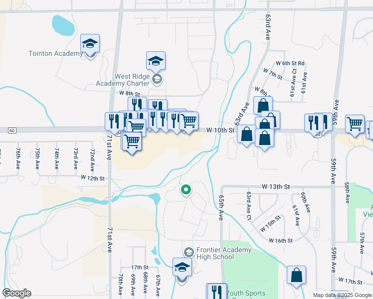 map of restaurants, bars, coffee shops, grocery stores, and more near 6624 West 10th Street in Greeley