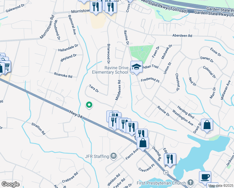 map of restaurants, bars, coffee shops, grocery stores, and more near Middlesex Road in Matawan