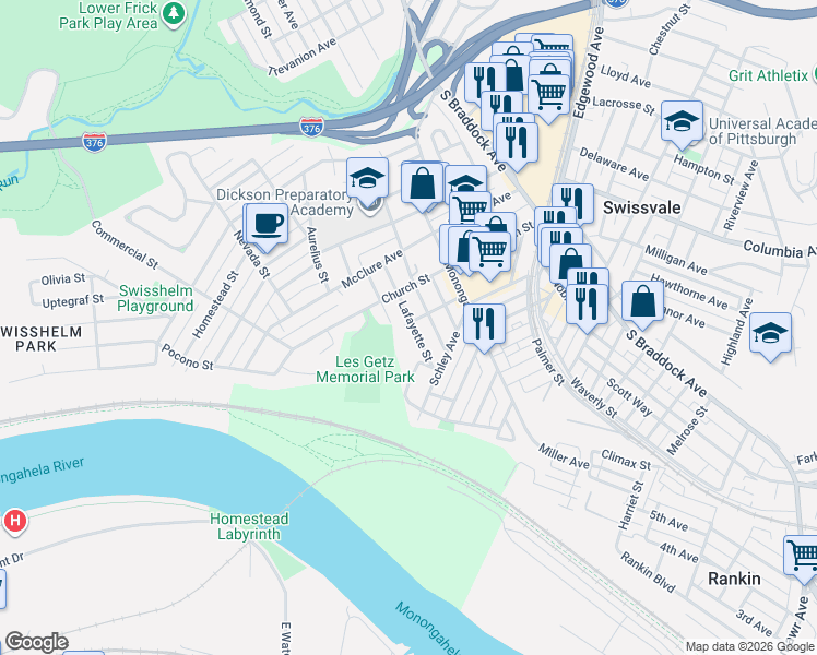 map of restaurants, bars, coffee shops, grocery stores, and more near 1926 Monroe Street in Pittsburgh