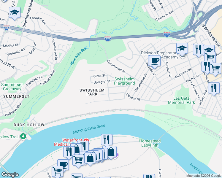 map of restaurants, bars, coffee shops, grocery stores, and more near 1221 Love Street in Pittsburgh