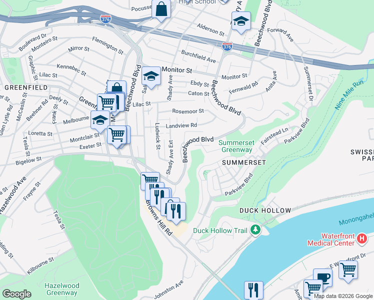 map of restaurants, bars, coffee shops, grocery stores, and more near 4338 Luster Street in Pittsburgh