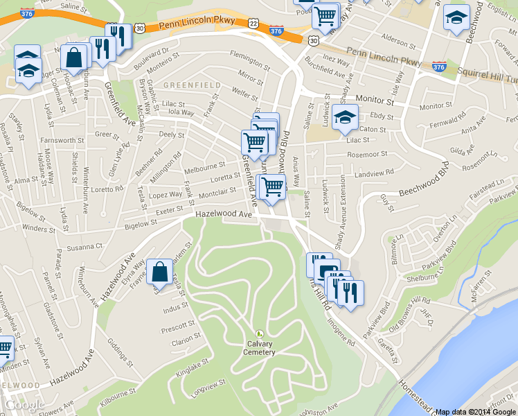 map of restaurants, bars, coffee shops, grocery stores, and more near in Pittsburgh