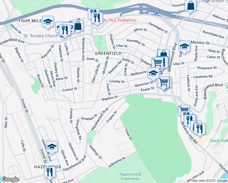 map of restaurants, bars, coffee shops, grocery stores, and more near 629 Montclair Street in Pittsburgh