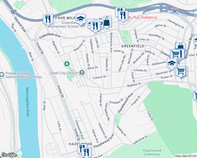 map of restaurants, bars, coffee shops, grocery stores, and more near 4334 Haldane Street in Pittsburgh