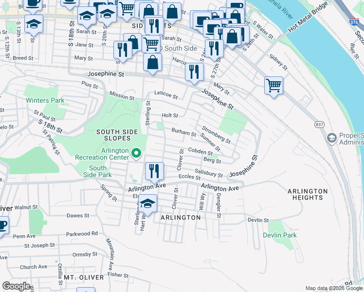 map of restaurants, bars, coffee shops, grocery stores, and more near 2514 Wellington Street in Pittsburgh