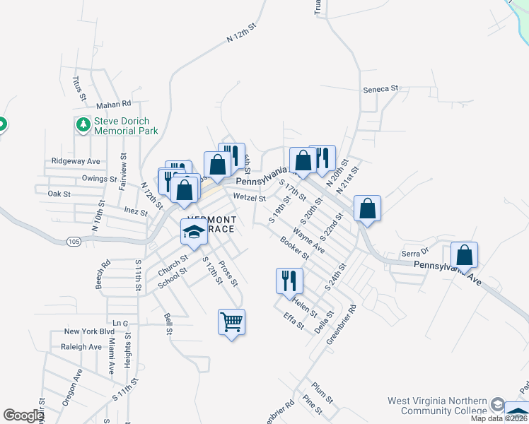 map of restaurants, bars, coffee shops, grocery stores, and more near 211 Wayne Ave in Weirton
