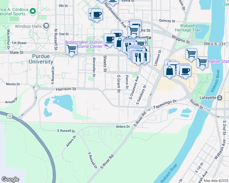 map of restaurants, bars, coffee shops, grocery stores, and more near 422 Harrison Street in West Lafayette