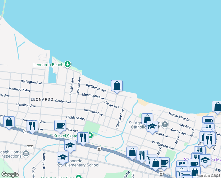 map of restaurants, bars, coffee shops, grocery stores, and more near 31 Burlington Avenue in Middletown Township