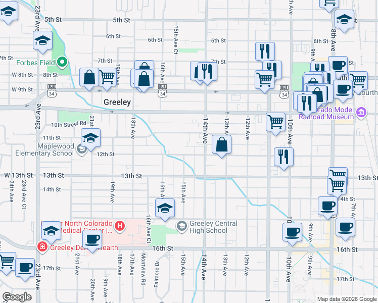 map of restaurants, bars, coffee shops, grocery stores, and more near 1423 12th Street in Greeley