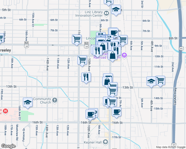 map of restaurants, bars, coffee shops, grocery stores, and more near 921 12th Street in Greeley