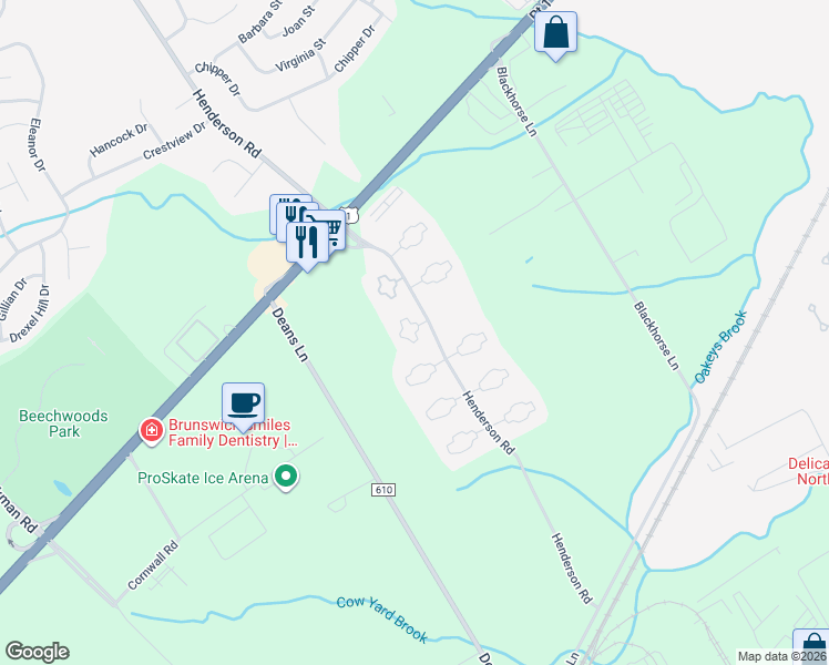 map of restaurants, bars, coffee shops, grocery stores, and more near 106 Royal Oaks Court in South Brunswick Township