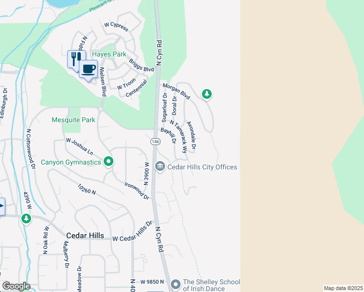 map of restaurants, bars, coffee shops, grocery stores, and more near 10373 Tamarack Way in Cedar Hills