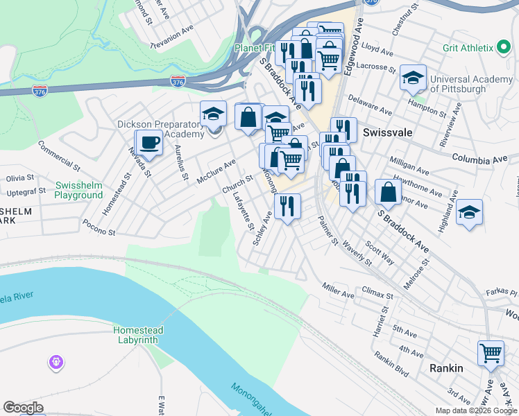 map of restaurants, bars, coffee shops, grocery stores, and more near 1926 Monroe Street in Pittsburgh