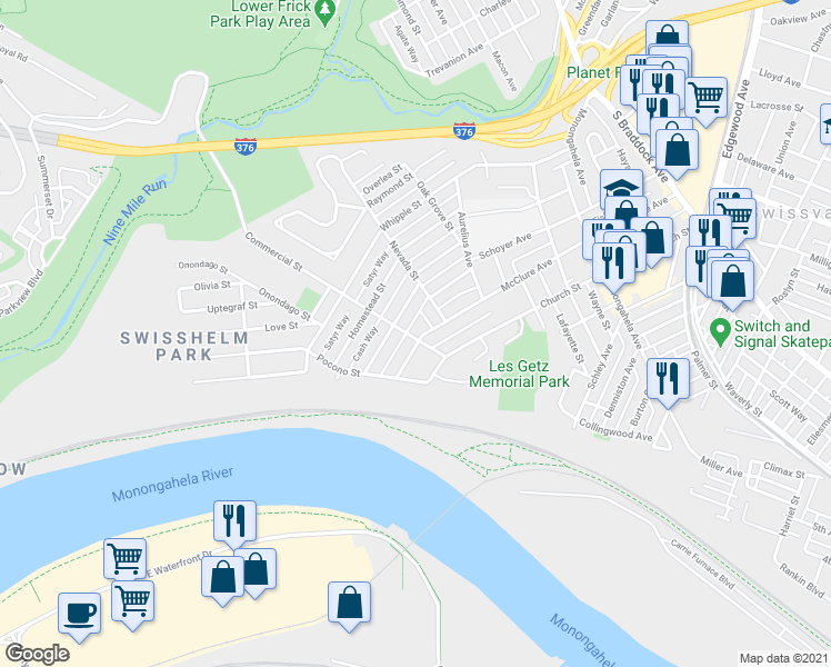 map of restaurants, bars, coffee shops, grocery stores, and more near 1719 Commercial Street in Swissvale