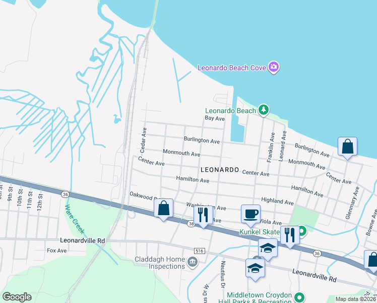 map of restaurants, bars, coffee shops, grocery stores, and more near 395 Monmouth Avenue in Middletown Township