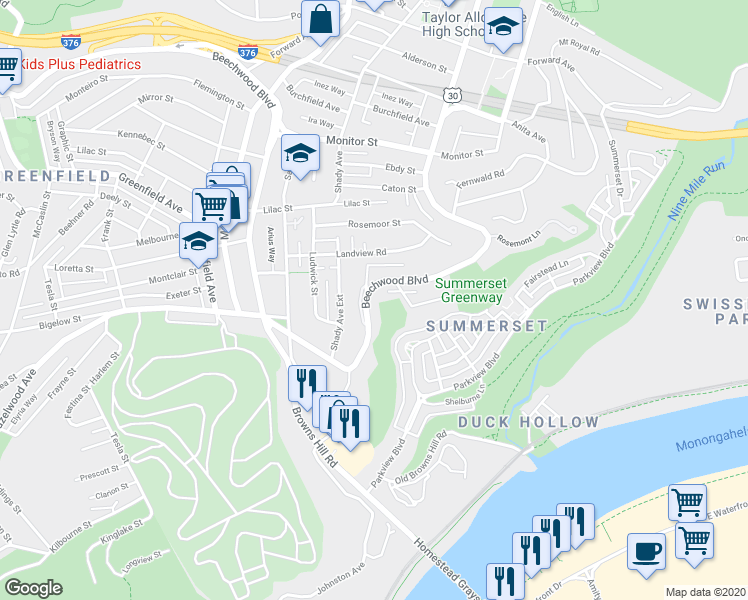 map of restaurants, bars, coffee shops, grocery stores, and more near 3139 Beechwood Boulevard in Pittsburgh
