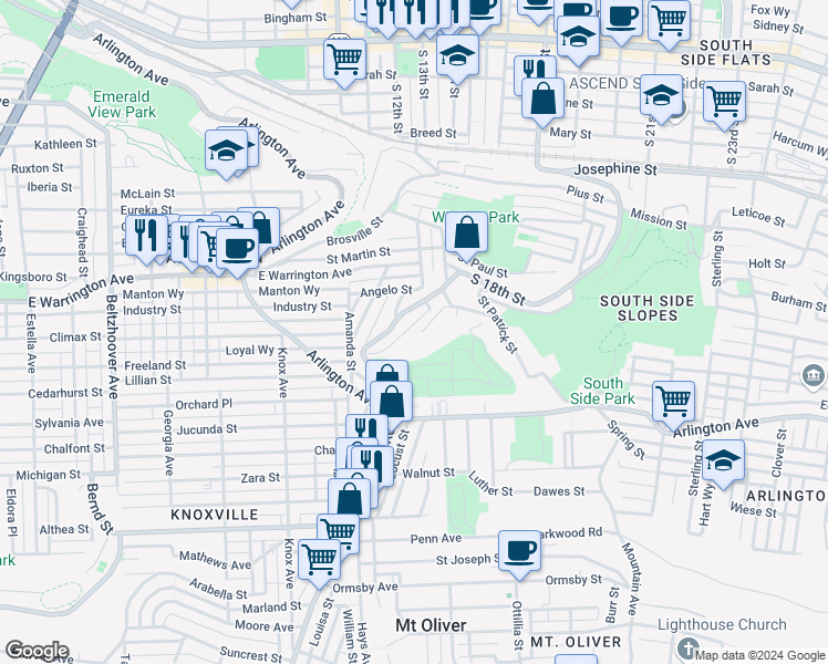 map of restaurants, bars, coffee shops, grocery stores, and more near 2626 Quarry Street in Pittsburgh