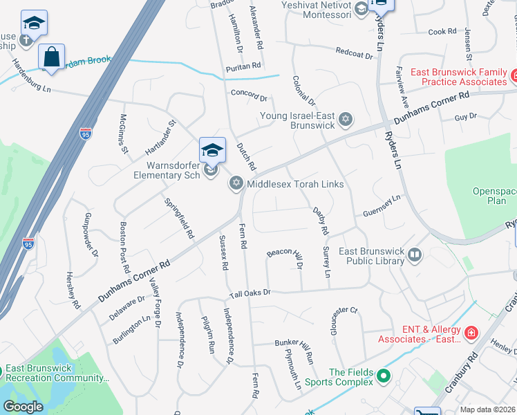 map of restaurants, bars, coffee shops, grocery stores, and more near 9 Constitution Court in East Brunswick