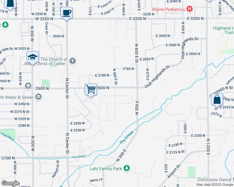 map of restaurants, bars, coffee shops, grocery stores, and more near 2554 North 400 East Street in Lehi