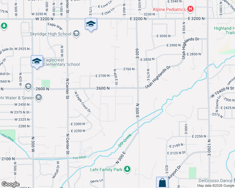 map of restaurants, bars, coffee shops, grocery stores, and more near 2554 North 400 East Street in Lehi
